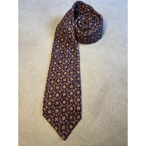 Made in England Lambswool Tie Mens Brown Navy Geometric Wool Necktie Hutzlers - Picture 1 of 5